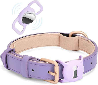 Airtag Leather Dog Collar for Small Medium Large Dog Adjustable Soft Padded Air Tag Puppy Collar Heavy Duty Metal Buckle Collar with Anti-Lost Airtag Holder Protective Case,S,Purple