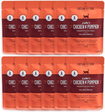 Portland Pet Food Company Human-Grade Mixed Variety Pack Wet Cat Food Pouch Luke's Chicken N' Pumpkin - Moist, Soft Cat Food Mixer, Topper, and Rotational Meal - 12 Pack