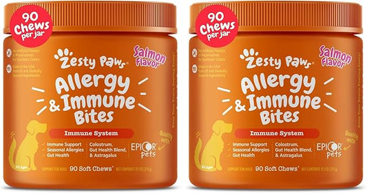 Zesty Paws Dog Allergy Relief Chews, Dog Probiotics for Itchy Skin and Ears, Salmon, 90ct (Pack of 2)