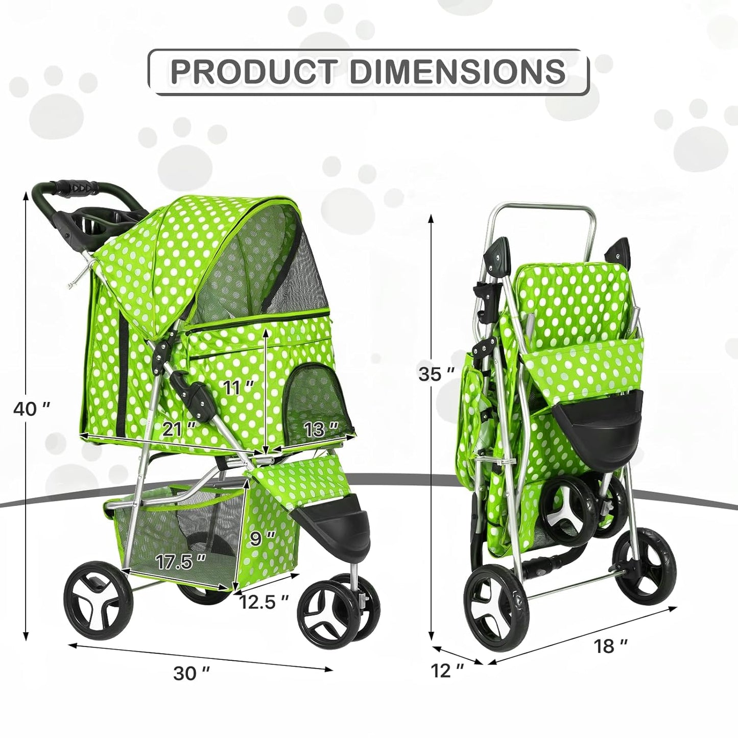 MoNiBloom 3 Wheels Pet Dog Cat Stroller for Small Medium Dogs Cats, Foldable Jogger Stroller w/Storage Basket and Cup Holder, Lawn Green Polka Dots - Pawvie