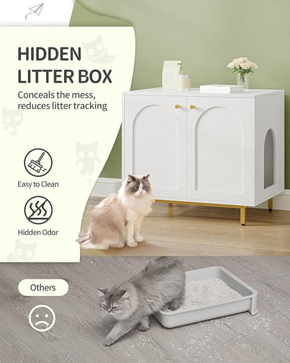 Cat Litter Box Enclosure, Hidden Litter Box Furniture Cabinet, Wooden Indoor Cat House, Side End Table, Living Room, Bedroom, White and Gold CB85003G