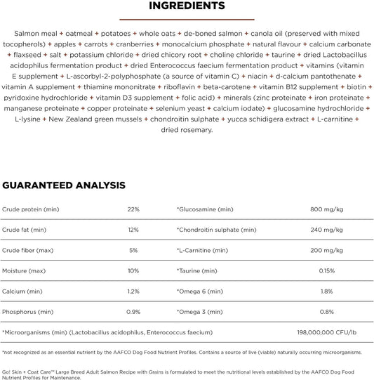 Go! Solutions Skin + Coat Care, Dry Dog Food, Large Breed Adult Salmon Recipe with Grains, 12 lb Bag