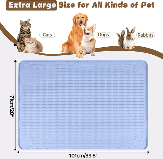 Cat Food Mat, 40" x 28" Extra Large Silicone Pet Feeding Mat with Raised Edge Pet Placemat for Food and Water Bowl Non-Slip, Easy to Clean, Floor Protection (Blue)