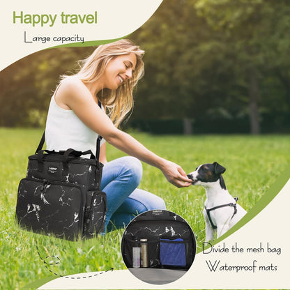 Dog Travel Bag,Weekend Pet Travel bag Set for Dog and Cat,Airline Approved Tote Multi-Function Dog Bags for Traveling,Include 2 Collapsible Bowls,2 Food Storage Containers,1 Feeding Mat,Marble