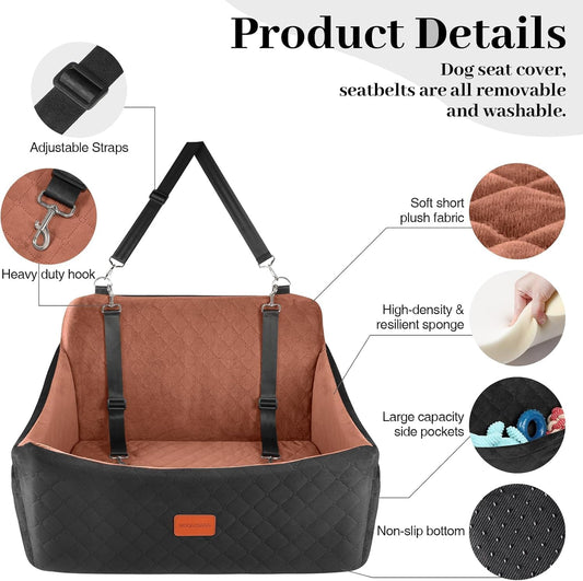 Dog Car Seat for Medium & Large Dogs Up to 55lbs, Memory Foam Cushion, Washable Cover, Safety Straps & Non-Slip Bottom(Black/Brown,Large)