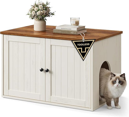 SONGMICS HOME Litter Box Enclosure, Superfast Toolless Assembly, Cat Litter Box Furniture, Push-to-Open Doors, Indoor Cat House, Rustic White and Honey Brown UPCL233WJ04S