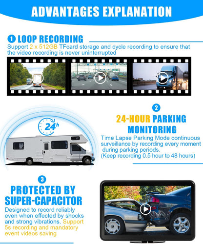 4CH 10.1 inch AI WiFi GPS RV Backup Camera Monitor System with Touch Screen and 4x1080P Waterproof Night Vision Cameras, Blind Spot Detection DVR Video Recorder for Truck Trailer Semi Camper Van Taxi