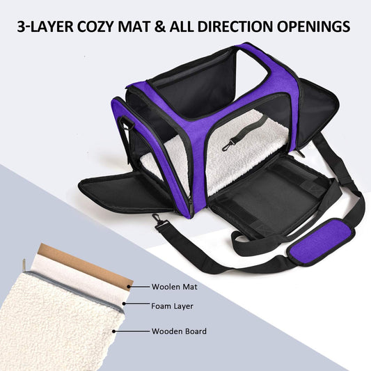 Large Cat Carriers Dog Carrier Pet Carrier for Large Cats Dogs Puppies up to 25Lbs, Big Dog Carrier Soft Sided, Collapsible Travel Puppy Carrier - Large - Purple