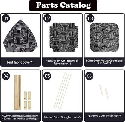 2-in-1 Elevated Cat Tent Cat House, Quick Assembly and Disassembly, Portable Indoor/Outdoor Cute Cat Bed Cave-Black Diamond Pattern