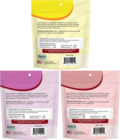 Exotic Nutrition Flower Treat 3 Pack - Healthy Assortment - Hibiscus, Calendula, Rose - for Squirrels, Guinea Pigs, Rabbits, Chinchillas, Prairie Dogs, Degus, Hamster, Gerbils, & Other Herbivores