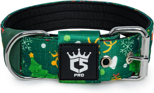 TSPRO Tactical Dog Collar 1.5 Inch Wide Thick Dog Collars with Heavy Duty Metal Buckle, Durable, Strong, Adjustable for Medium to Large Dogs (Christmas Green L)