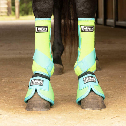 Jeffers Equine Neon Horse Boots – 1 Pair – Lime and Turquoise – Medium Size – Breathable Neoprene, Secure Strap Closures– Durable Protection for Front & Hind Legs, Training, Trail & Riding Use