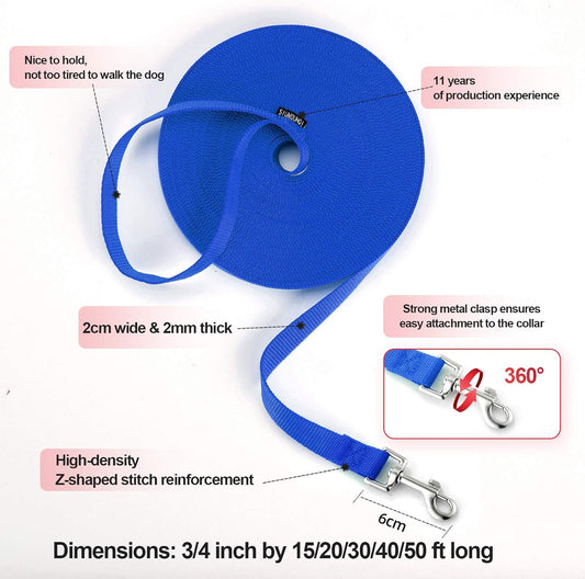 Reliable Siumouhoi Dog/Puppy Obedience Recall Training Agility Lead - 15ft, 20ft, 30ft ,40ft, 50ft Training Leash - Great for Play, Camping & Backyard(Blue,40 Feet