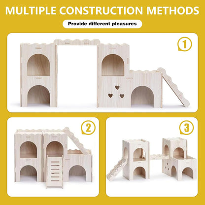 Large Wooden Hamster House Castle with Double Decker,Large Hamster, Wooden Hamster Houses,Dwarf Hamster Habitat Hideout with Climbing Ladder,Large Guinea Pig Castle Detachable Hideouts(B)
