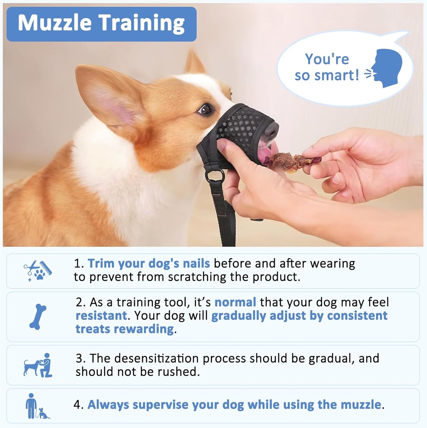 LUCKYPAW Soft Muzzle for Medium Large Sized Dogs Beagle Labrador German Shepherds, Dog Muzzle to Prevent Biting Chewing, Adjustable Breathable Mouth Guard for Grooming Walking Training(Blue, M)