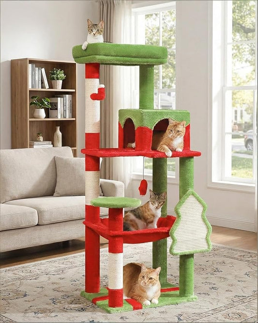 Cat Christmas Tree for Indoor Cats – 56.3“ Cat Proof Christmas Tree Tower with Large Hammock, 3 Scratching Posts & 3 Christmas Toy Balls – Holiday Cat Tree with Festive Decor, Christmas Red