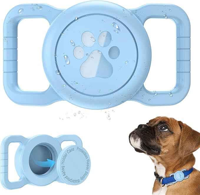 Dog Airtag Holder, Waterproof Airtag Holder for Dog Collar, Fit Most of Collar Widths, Silicone Full Body Covered Anti-Lost Protective Air Tag Case, Ease of Installation, 1 Pack Light Blue