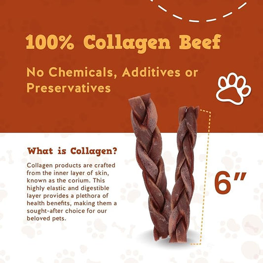 Jack&Pup 6" Braided Beef Collagen Sticks for Dogs - Rawhide Free Dog Chews Long Lasting Collagen Chews for Dogs - Bully Sticks Alternative (1 Pack)
