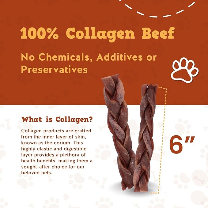 Jack&Pup 6" Braided Beef Collagen Sticks for Dogs - Rawhide Free Dog Chews Long Lasting Collagen Chews for Dogs - Bully Sticks Alternative (1 Pack)