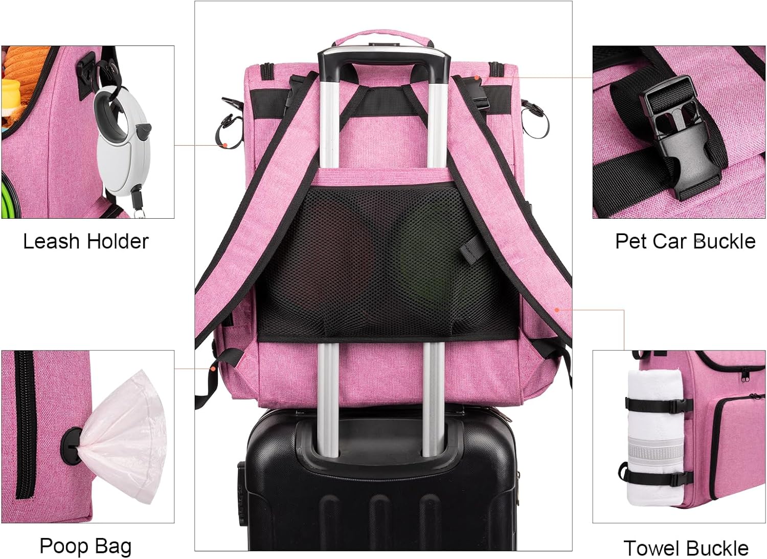 Modoker Dog Travel Bag Backpack, Airline Approved Pet Accessories Organizer for Dog and Cat with Shoulder Strap, 2 Dog Food Storage Containers, 2 Collapsible Dog Bowls,1 Pet Mat, Pink - Pawvie