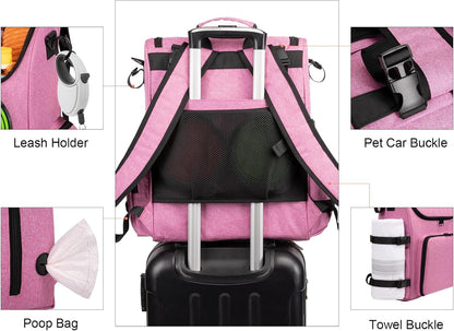 Modoker Dog Travel Bag Backpack, Airline Approved Pet Accessories Organizer for Dog and Cat with Shoulder Strap, 2 Dog Food Storage Containers, 2 Collapsible Dog Bowls,1 Pet Mat, Pink - Pawvie