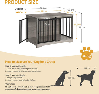 39.4" Heavy Duty Dog Crate Furniture with Barn Door, Wood Indoor Dog Crate Kennel for Small/Medium/Large Dogs, End Side Table, TV Stand, Greige Black DFC02305B