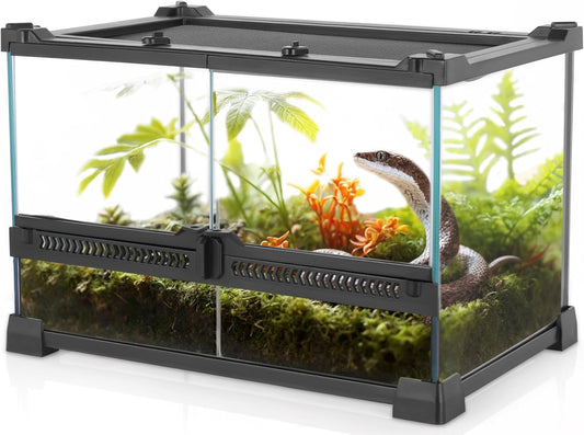 Mini Reptile Glass Terrarium 12"x8"x8" Durable Reptile Habitat Tank with Heat Resistant Aluminum Alloy Frame, Double Swinging Doors for no Jam by Sand and Other Debris - Pawvie