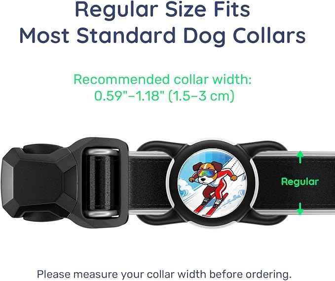 Dog AirTag Holder for Dog Collar, Soft Silicone Slide-On Case for Apple AirTag, No-Dangle Quiet Protective Holder with Eye-Catching Pet Character Designs, Black-Ski Racer