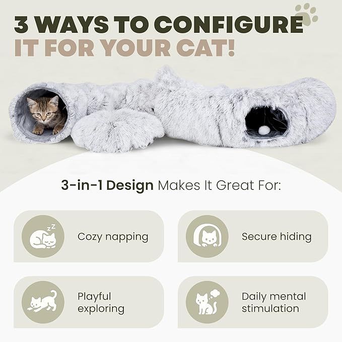 3-in-1 Cat Tunnel Bed Cave with Fun Catnip Interactive Stimulating Kitten Toys for Indoor Bored Cats - Peekaboo Hideaway & Donut Tunnel - Foldable Cute Furry Fuzzy Bed - 32"