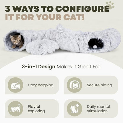 3-in-1 Cat Tunnel Bed Cave with Fun Catnip Interactive Stimulating Kitten Toys for Indoor Bored Cats - Peekaboo Hideaway & Donut Tunnel - Foldable Cute Furry Fuzzy Bed - 32"