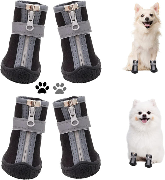 Dog Shoes for Small Dogs, Puppy Dog Boots & Paw Protector for Winter Snow Day, Summer Hot Pavement, Waterproof in Rain Weather, Ourdoor Hiking, Indoor Hardfloors with Anti Slip Sole 4PCS/Set