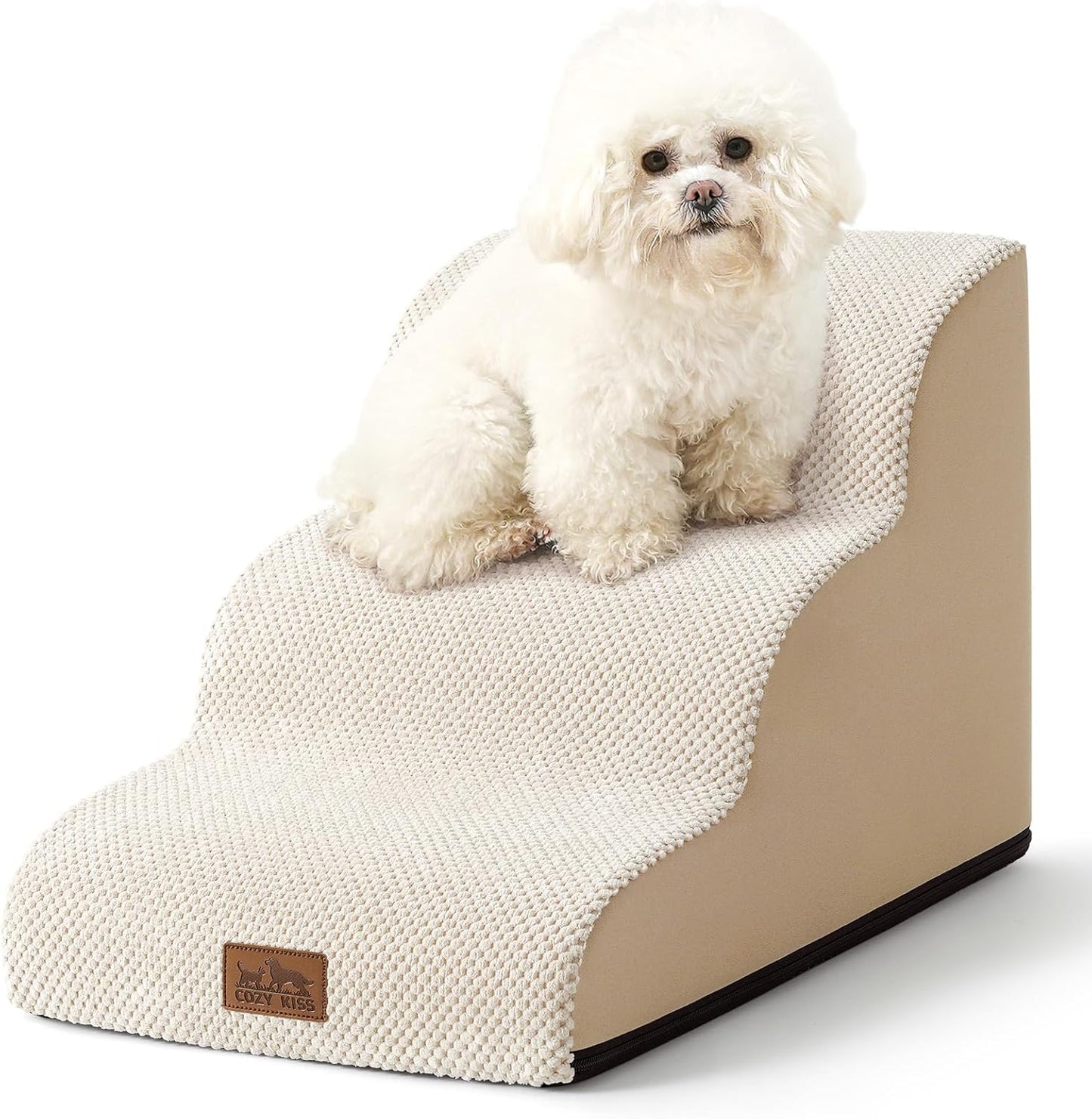 Dog Stairs for Small Dogs 15.7" H, Curved Dog Step for Puppy, Older Cat, Medium Pet Ramp for Sofa, Couch or Chair, Ladder with High Density Foam, 15.7x22.4x15.7 inch, 3 Step, Beige - Pawvie