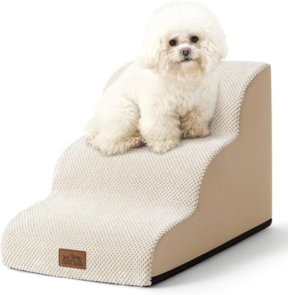 Dog Stairs for Small Dogs 15.7" H, Curved Dog Step for Puppy, Older Cat, Medium Pet Ramp for Sofa, Couch or Chair, Ladder with High Density Foam, 15.7x22.4x15.7 inch, 3 Step, Beige - Pawvie