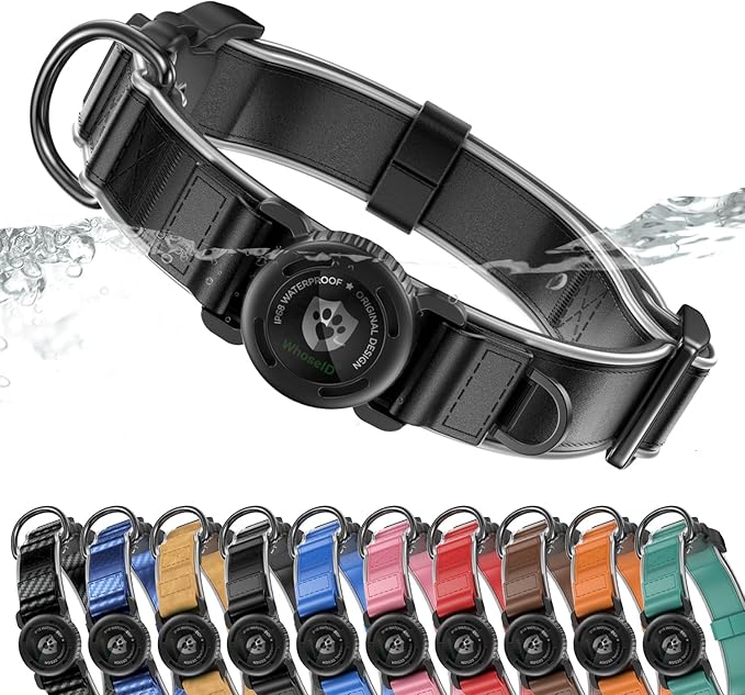 WhoseID Premium Leather Dog Collar - Waterproof AirTag Dog Collar | Magnetic Buckle Heavy Duty Collar | Medium Reflective Dog Collar with AirTag Holder