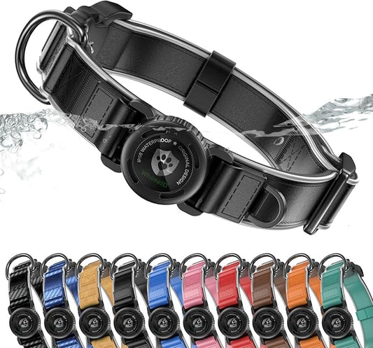 WhoseID Premium Leather Dog Collar - Waterproof AirTag Dog Collar | Magnetic Buckle Heavy Duty Collar | Medium Reflective Dog Collar with AirTag Holder