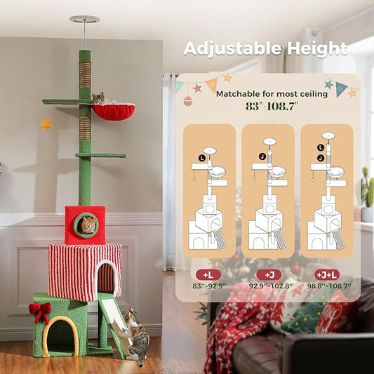 PEQULTI 83-108'' Floor to Ceiling Cat Tree for Large Adult Cats, Christmas Cat Tower with Adjustable Height with 3 Large Condos, Plush Hammock, Thick Scratching Posts, Red/Green