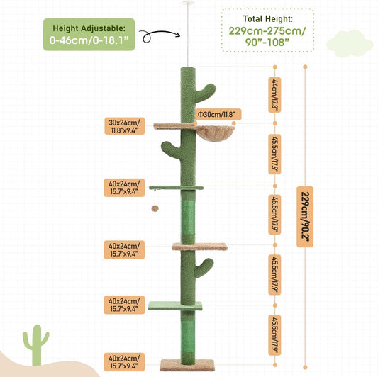 PAWZ Road Cat Tree, Cactus Floor to Ceiling Cat Tower with Adjustable Height(95-108 Inches), 5 Level Cat Climbing Tower with Cozy Hammock, Platforms and Dangling Balls for Indoor Cats