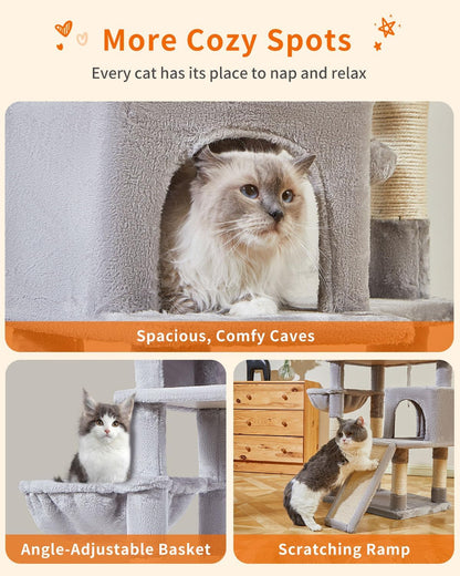 Taoqimiao 56.3-Inch Cat Tree, Cat Tower with Scratching Posts, Cat Tree House for Indoor Cats with hammocks, Toys, Condo and Large Scratch Board, Light Gray MS012W