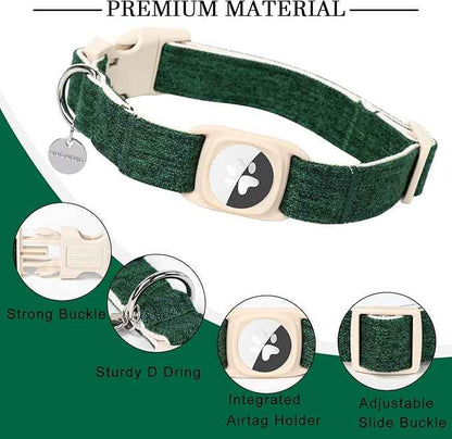 DOGWONG Airtag Cotton Hemp Dog Collar, Heavy-Duty Dog Collar with Airtag Holder Christmas Deep Green Natural Fabric Cute Puppy Necklace for Small Medium Large Dogs