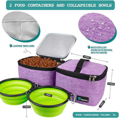 PetAmi Dog Travel Bag, Travel Pet Bag Organizer, Dog Food Travel Bag with Food Container and Bowls, Dog Travel Supplies Gift Accessories for Weekend Camping, Dog Cat Diaper Bag (Purple, Large)