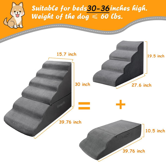 Dog Stairs&Steps for 30 Inches High Bed Up to 30-36 Inch Tall, Pet Cat Ramp Ladder for Small Dogs, Doggie, Old Cats, Kitty, Small Animals Grey
