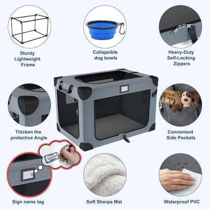 36 Inch Soft Dog Crates, Portable Travel Crate for Large Dogs, 3-Door Foldable Soft Kennel with Mesh Windows for Indoor & Outdoor Travel, with Blanket and a Foldable Bowl