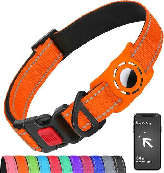 AirTag Dog Collar with AirTag Holder Compatible for Air Tag, Reflective Soft Padded, Safety Locking Buckle, Adjustable Nylon for Small Medium Large Dogs (Orange,XL)