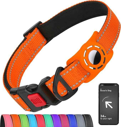 AirTag Dog Collar with AirTag Holder Compatible for Air Tag, Reflective Soft Padded, Safety Locking Buckle, Adjustable Nylon for Small Medium Large Dogs (Orange,L)
