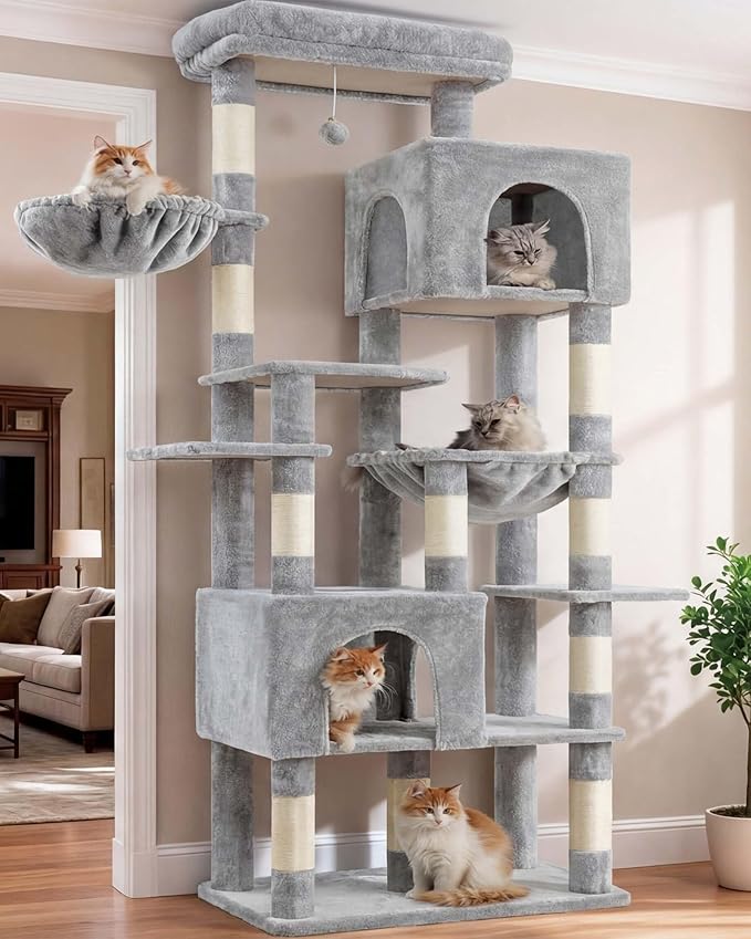 Heybly Cat Tree, 76-Inch Tall Heavy Duty Cat Tower for Big Cats with Extra Wide Baseboard, Multi-Level Large Cat Furniture with 2 Condos & 2 Hammocks, 10 Scratching Posts, Light Gray HCT039W