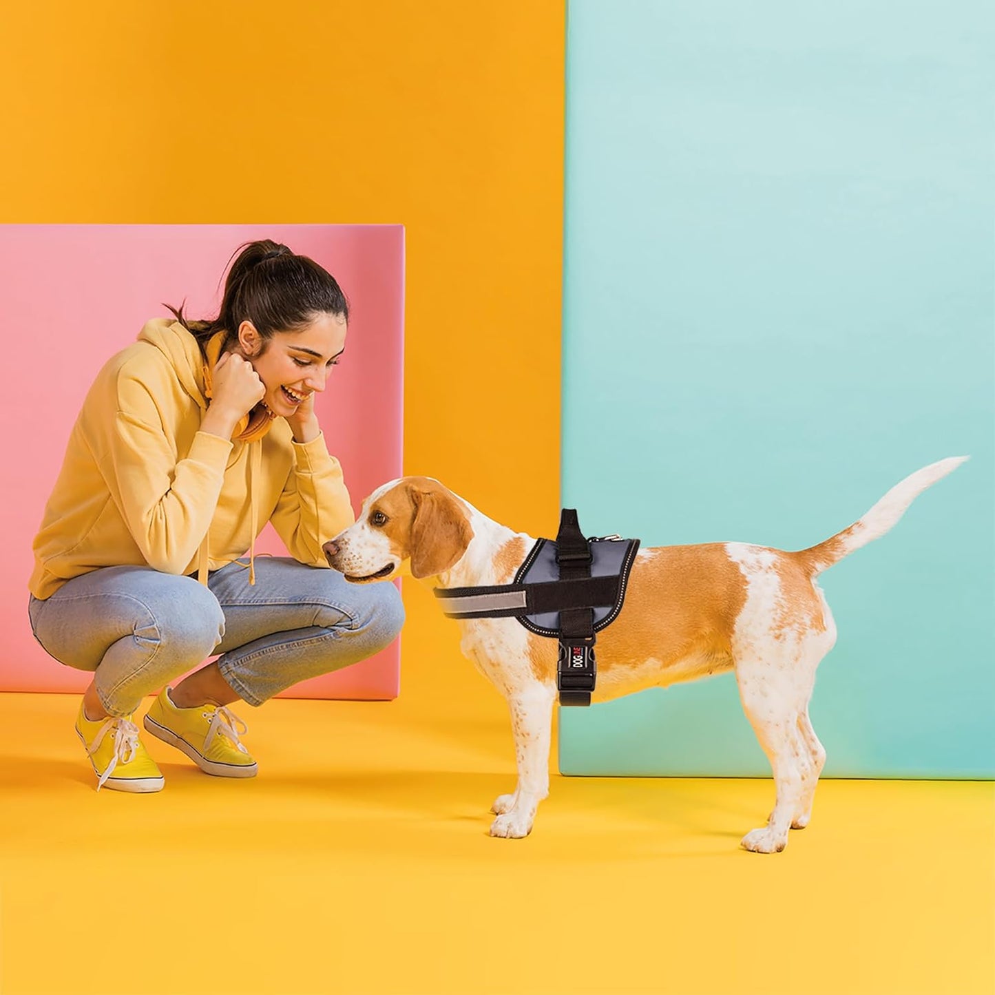 Dogline Dog Harness, Reflective No-Pull Adjustable Vest with Handle for Walking, Training, Breathable, No - Choke Harness for Small, Medium or Large Dogs Room for Patches Girth 15 to 18 in Grey