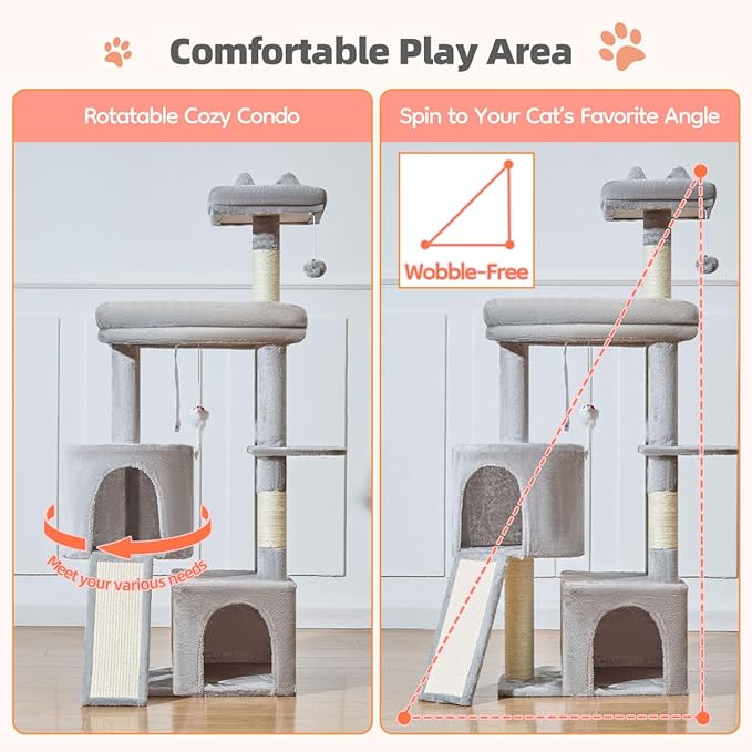 Taoqimiao Cat Tree for Indoor Cats, 55.1In Sturdy Cat Tower, Large Platform, Rotatable Round Condo with Large Scratch Board, Extended Cat House, Thickened Full-Sisal Scratching Post, Light Gray, F10W