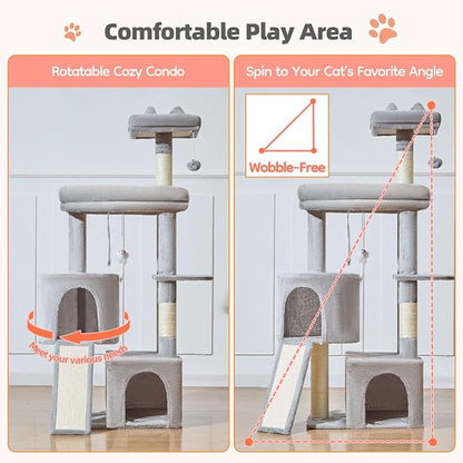 Taoqimiao Cat Tree for Indoor Cats, 55.1In Sturdy Cat Tower, Large Platform, Rotatable Round Condo with Large Scratch Board, Extended Cat House, Thickened Full-Sisal Scratching Post, Light Gray, F10W