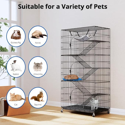 PawGiant 6-Tier Large Cat Cage Playpen, 72-inch Indoor/Outdoor Enclosure with 3 Doors, Hammock, Suitable for Cats, Kittens, and Small Animals
