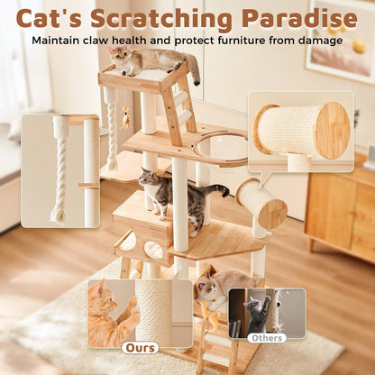 Wood Cat Tree for Indoor Cats, Modern Cat Tower, Unique Cat Condo with House, Tall Luxury Furniture with Heavy Duty Wide Base, Kraft Paper Rope Scratching Post, Removable Cushion (74.8-inch)